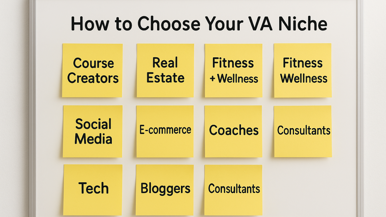 A whiteboard with twelve yellow sticky notes arranged in a grid, each showing a potential virtual assistant niche such as Course Creators, Real Estate, Fitness & Wellness, Social Media, E-commerce, Coaches, Consultants, Tech, and Bloggers. The top of the board reads “How to Choose Your VA Niche.” 