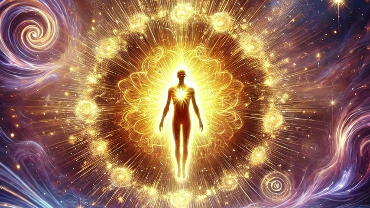 High frequency living: A luminous figure radiating golden and violet light, standing in a cosmic landscape with swirling celestial energy. The figure is surrounded by an aura of peace and stability, unmoved by the surrounding storm of darker, chaotic energies. The background features stars and flowing light, symbolizing high vibrational consciousness and divine alignment.