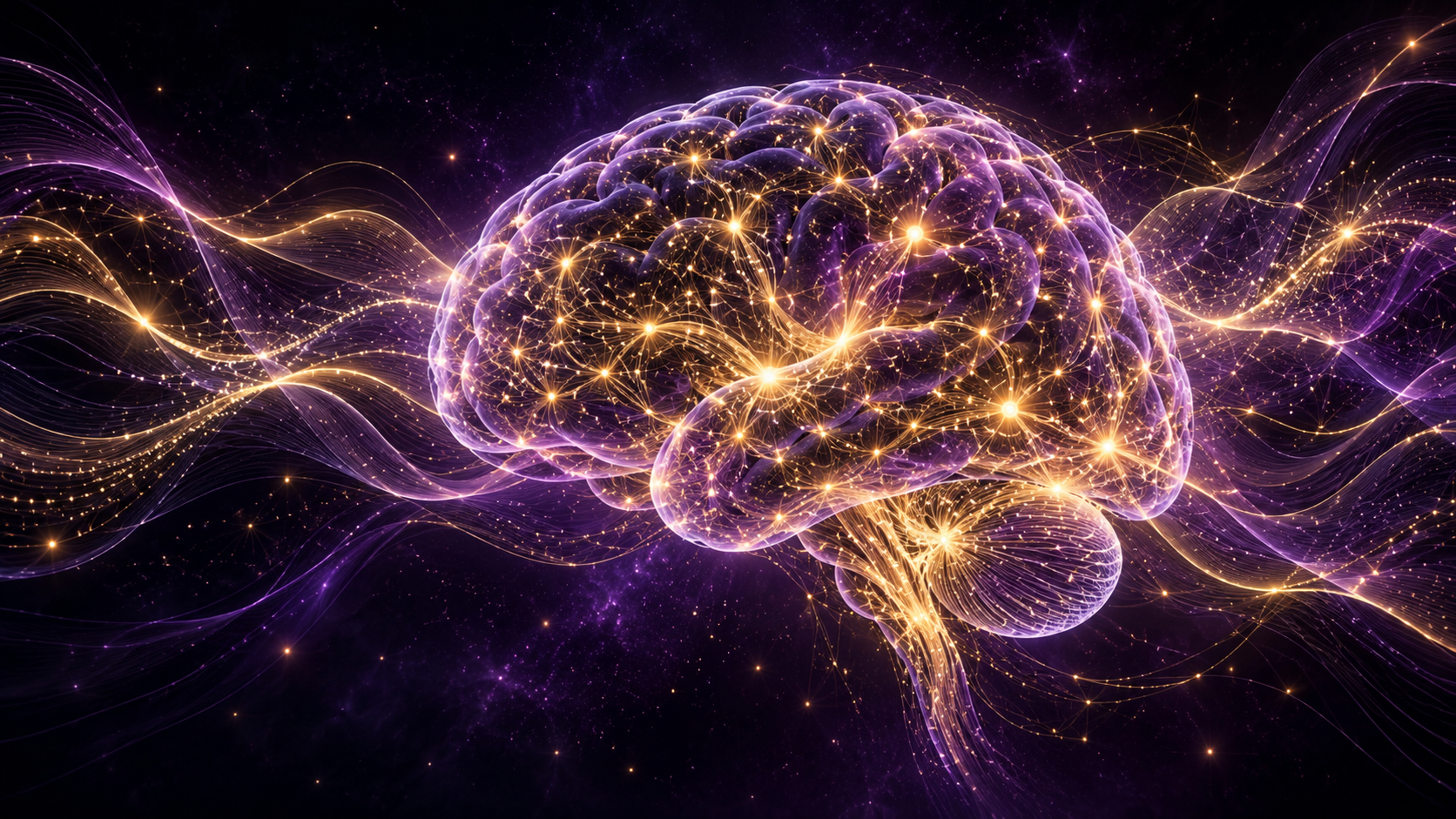 Purple brain with golden neural pathways and flowing frequency waves illustrating consciousness and awareness.