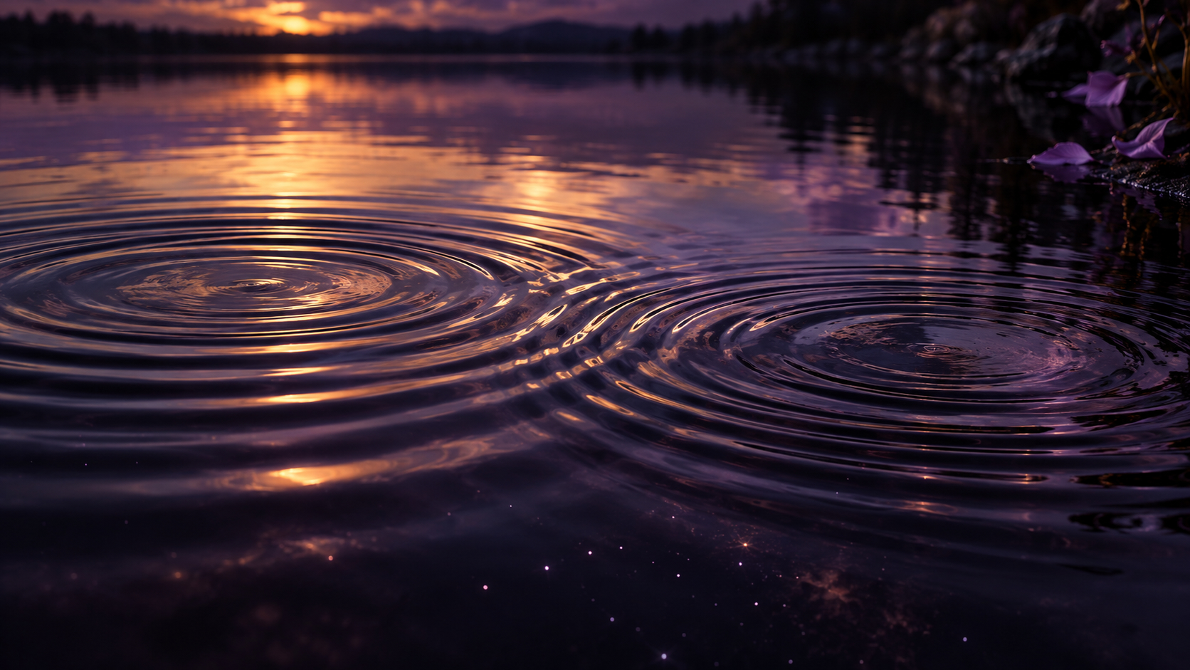 Two sets of ripples meeting on violet water beneath golden twilight reflections, illustrating frequency and connection.