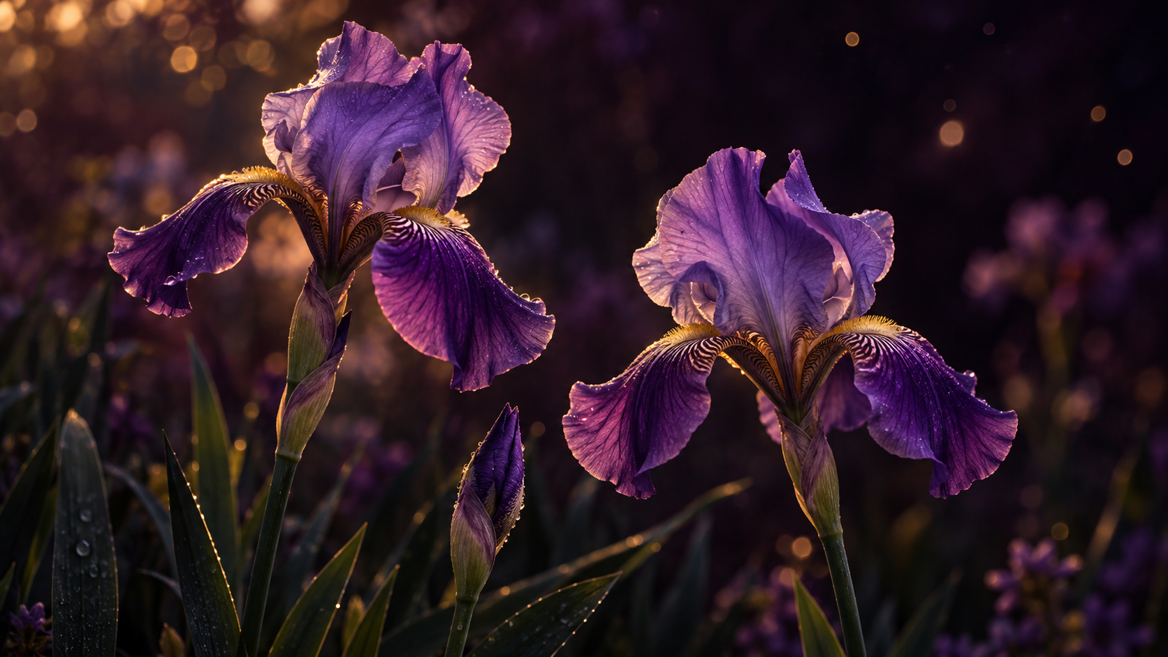 Two purple iris flowers and a bud illuminated by golden light, symbolizing individual growth and connection.