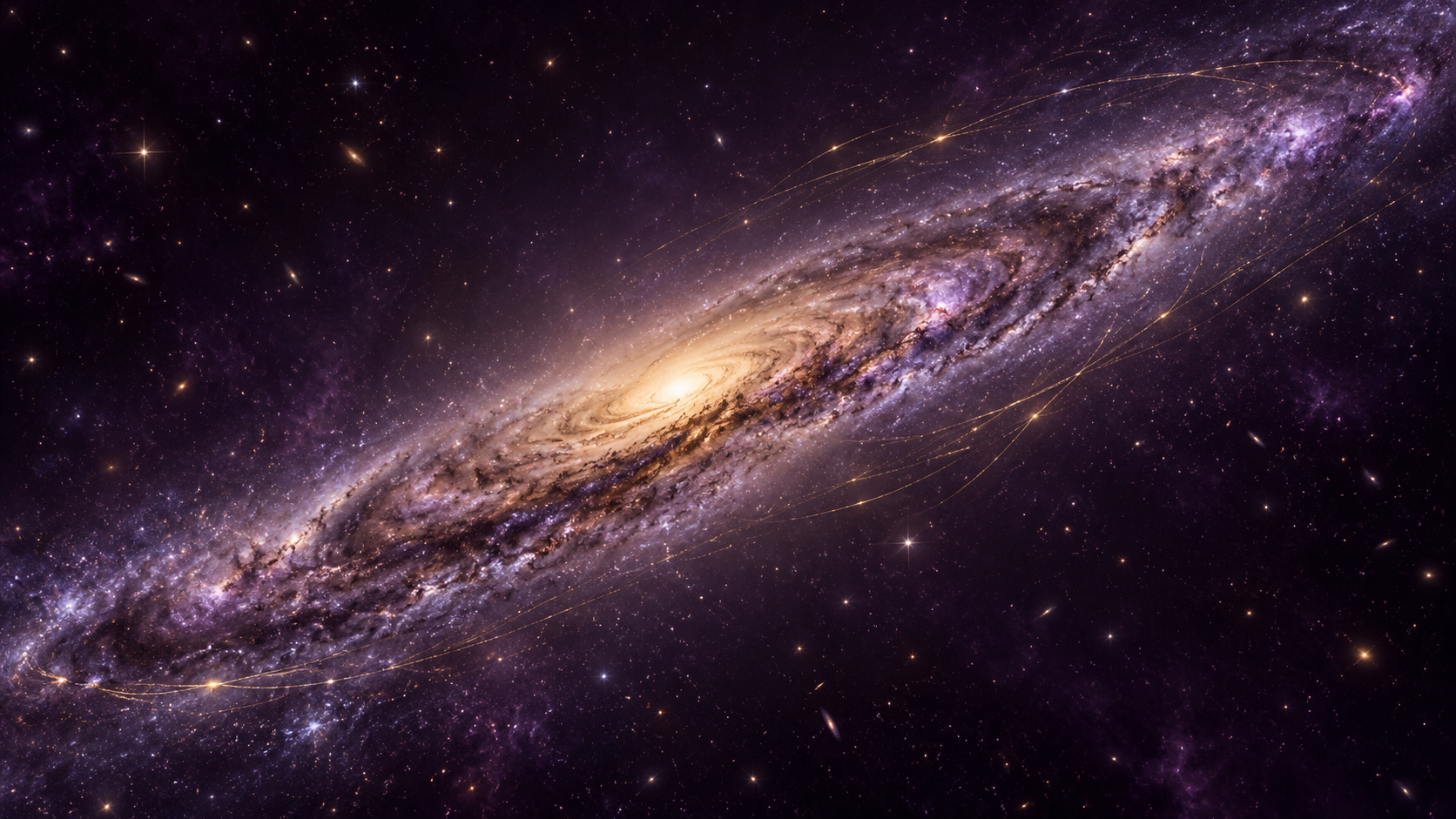 Luminous spiral galaxy with a golden center and lavender cosmic dust stretching across a deep violet star field.