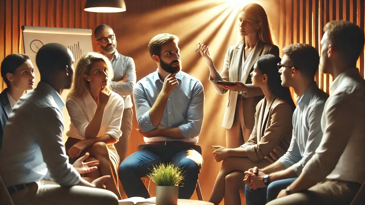 A diverse team engaged in a thoughtful leadership discussion in a modern office with warm lighting. The leader, demonstrating emotional intelligence, is actively listening and guiding the team with empathy and mindfulness. The scene conveys collaboration, support, and leadership transformation
