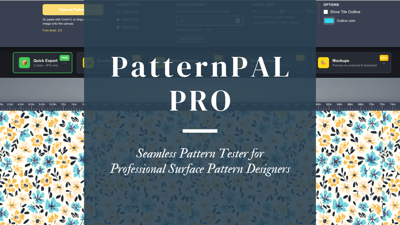 Screenshot of blue, yellow, and cream floral pattern in the PatternPAL seamless pattern tester and batch export tool by Amanda Grace Design with a text overlay that reads PatternPAL Pro seamless pattern tester for professional surface pattern designers.
