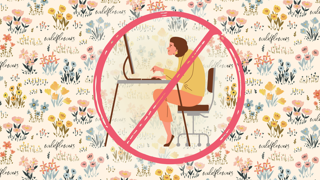 Illustration of surface pattern designer with poor posture hunched over computer with prohibition symbol, surrounded by wildflower pattern background