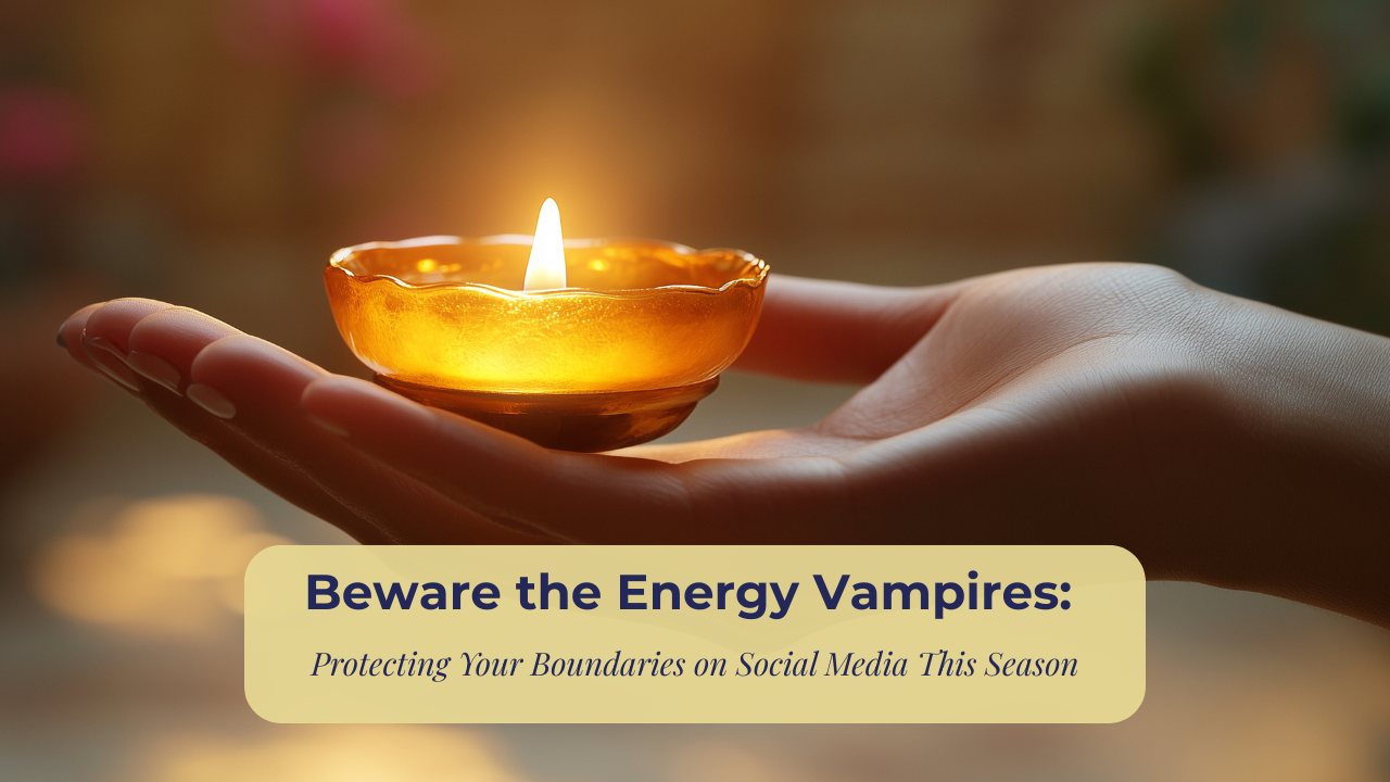 A calm woman holding a candle in autumn light, symbolising energy protection and boundaries online.