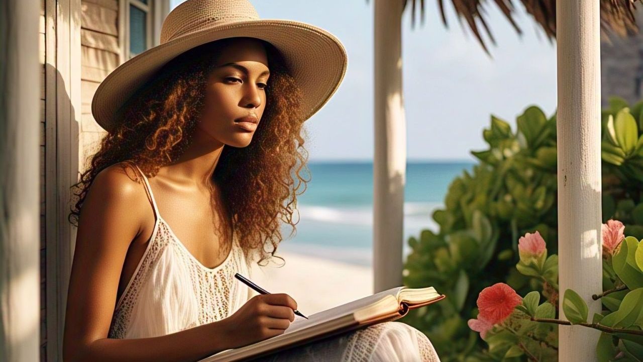 Gratitudes: CocoKali with Meta AI: Prompt: Exotic female at beach cottage writting in journal