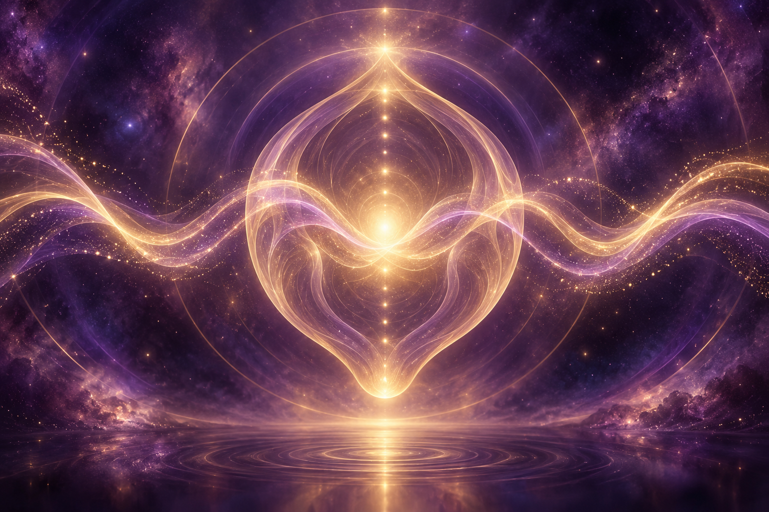 Golden and violet 528 Hz sound waves flowing through a luminous womb-shaped energy field.