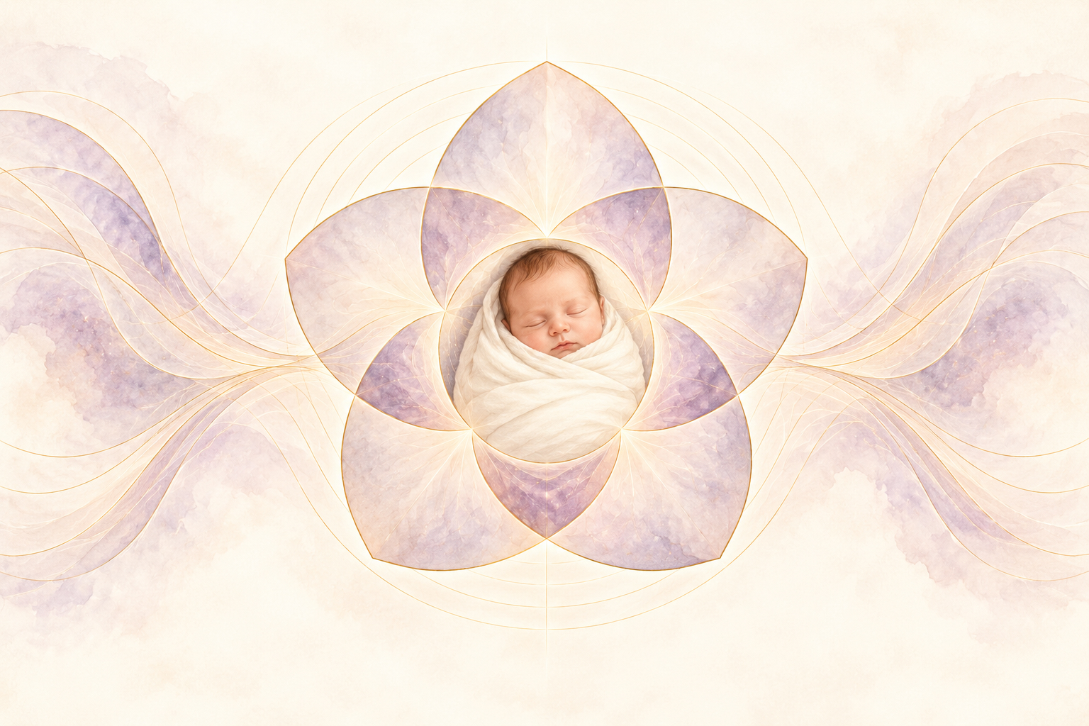 Sleeping newborn wrapped in ivory cloth at the center of a violet flower, surrounded by flowing golden frequency lines.
