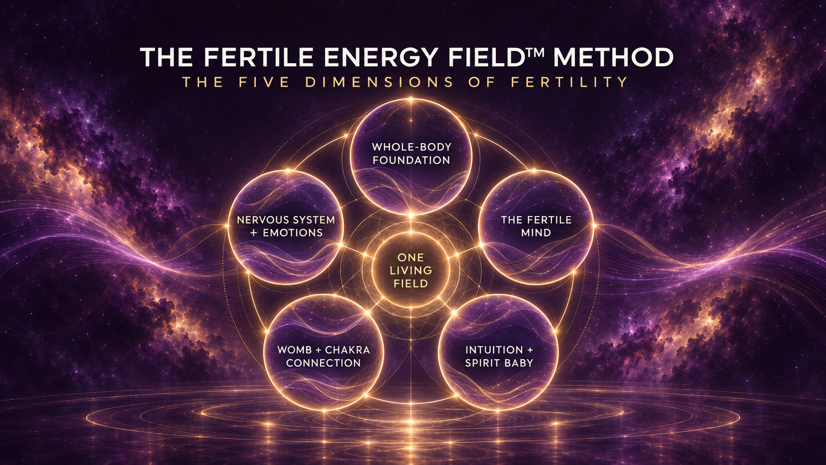 The Fertile Energy Field Method shown as five connected circles representing whole-body foundation, nervous system and emotions, the Fertile Mind, womb and chakra connection, and intuition and Spirit Baby connection.
