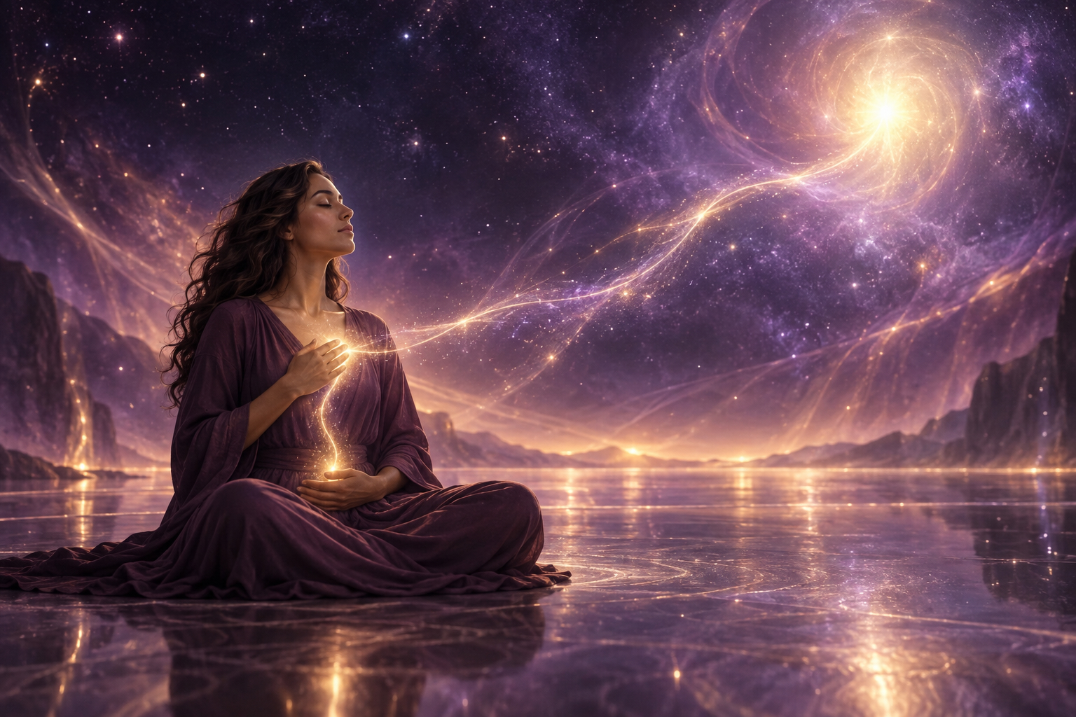 Woman meditating with one hand at her heart and one at her lower abdomen as golden light connects her heart, womb, and an abstract Spirit Baby presence.