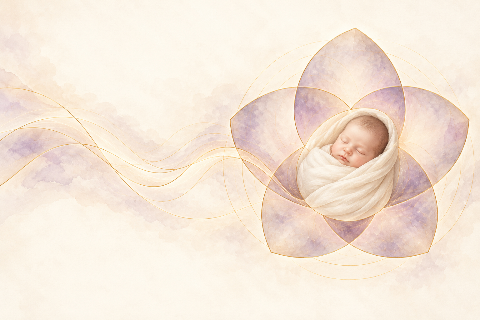 Sleeping swaddled baby nestled in a translucent violet flower, with delicate golden frequency waves flowing across an ivory background.