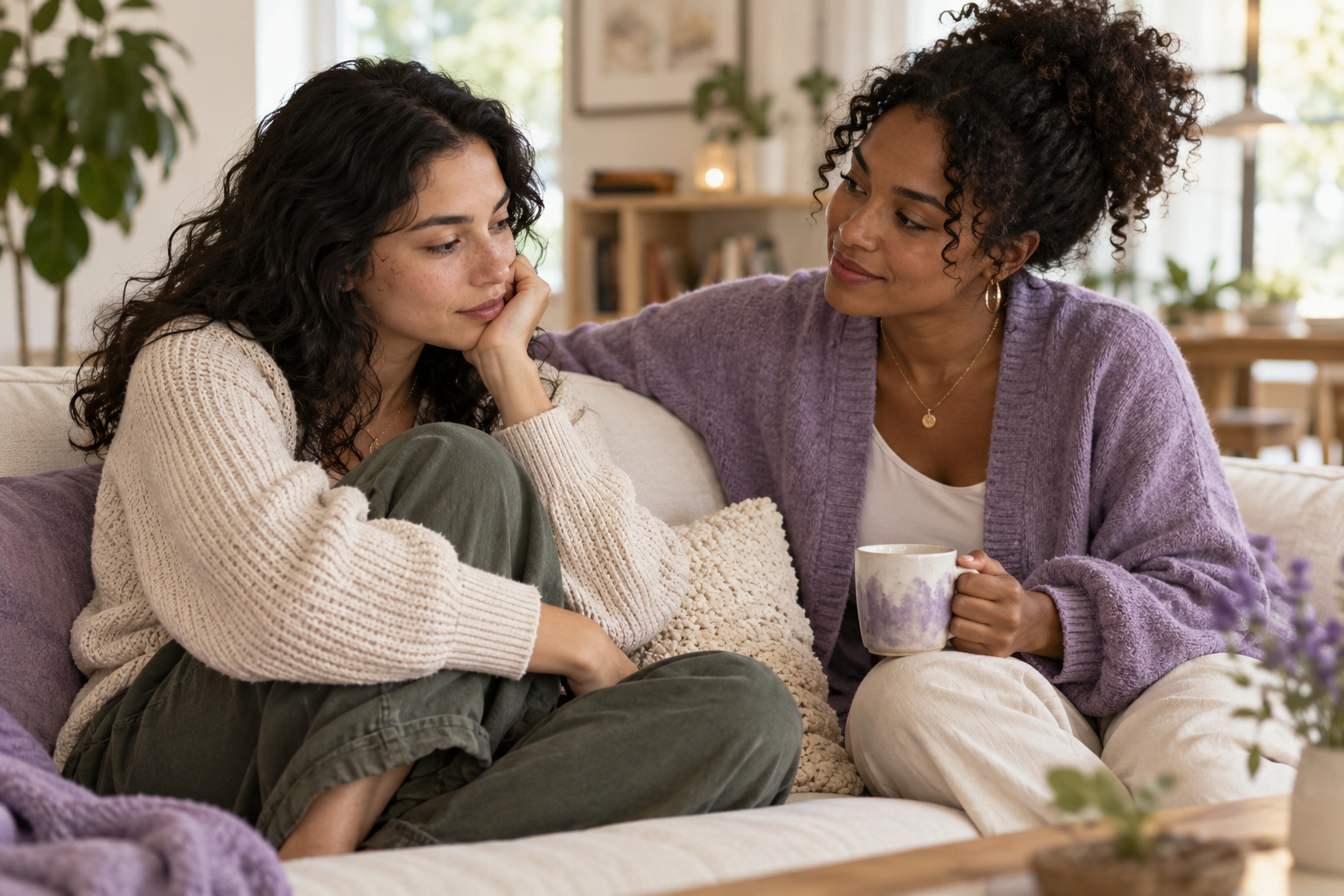 Quiet moment of support during fertility treatment, in purple and gold