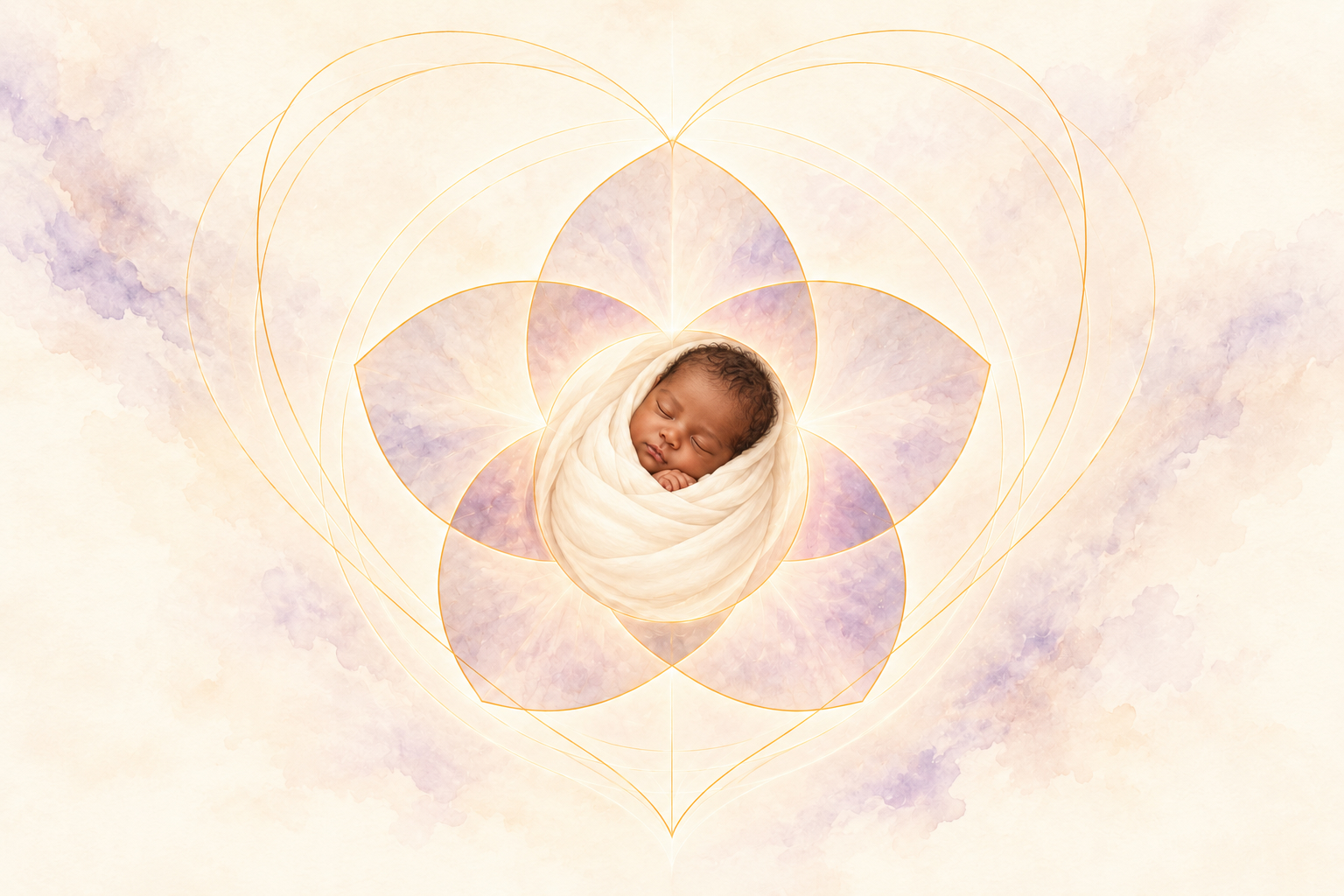 Sleeping baby with brown skin and dark curls nestled in a violet flower, surrounded by a delicate golden heart-shaped frequency contour.