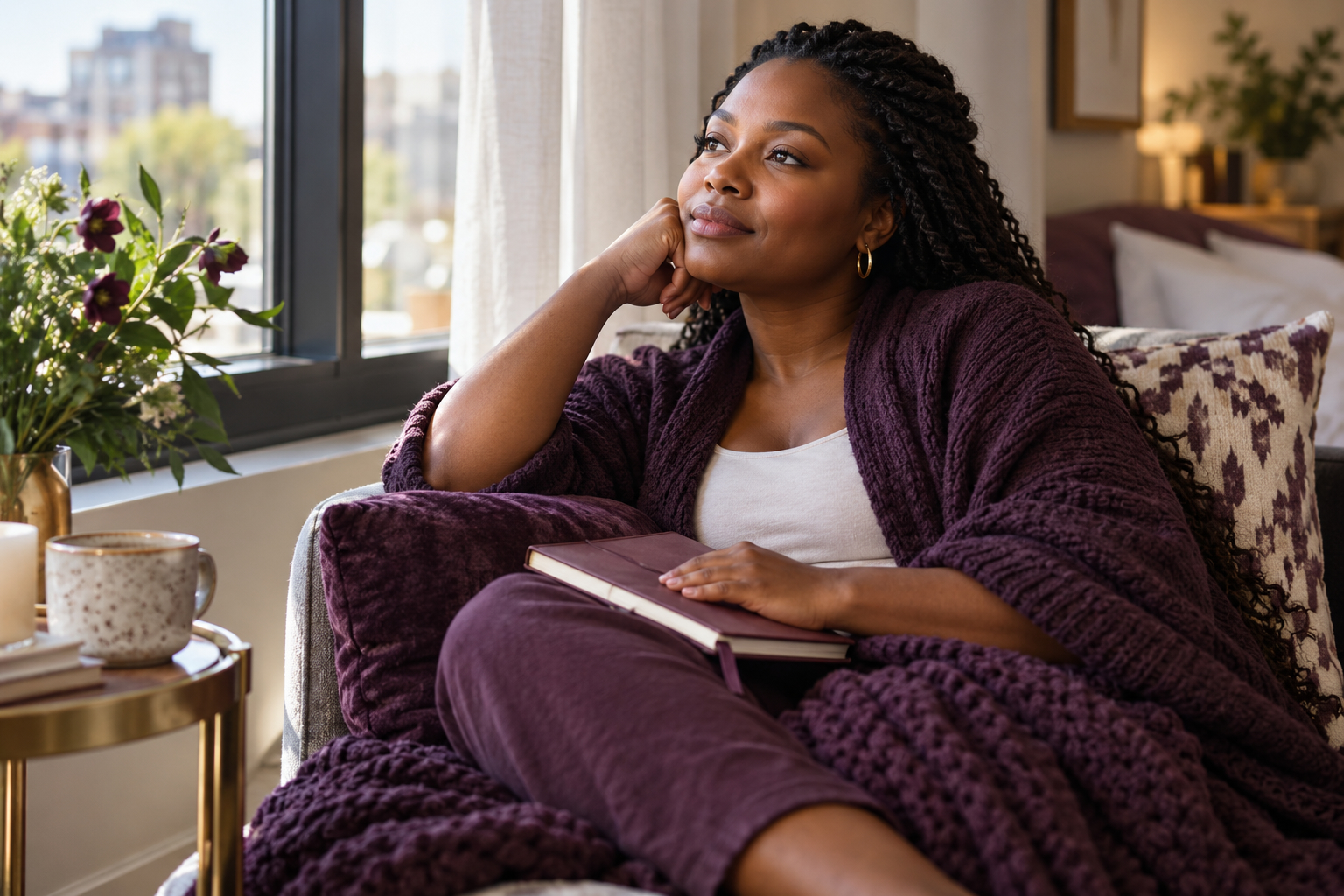 Woman reflecting in a purple and gold setting during a fertility journey