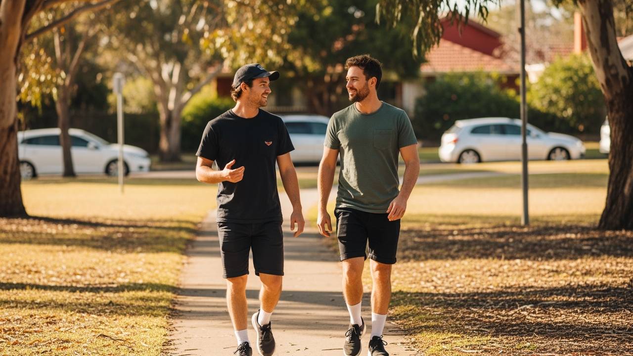 Two young Australian men walking and talking outdoors