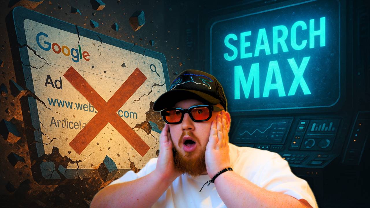 Google Ads Search Max feature illustration showing a person pointing at an orange "X" over traditional search interfaces, representing the potential replacement of conventional match types with automated Search Max technology