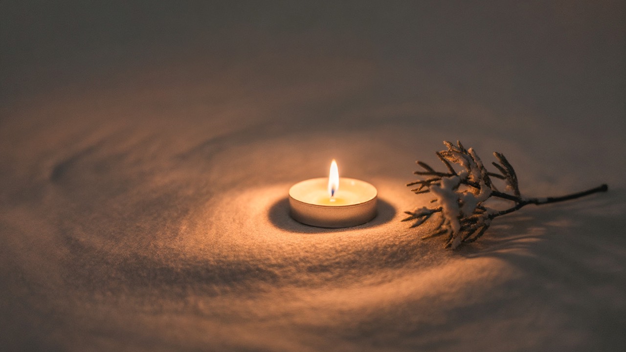 Candle on sand with sprig beside it