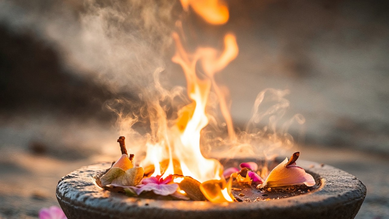 Fire in a bowl with flowers
