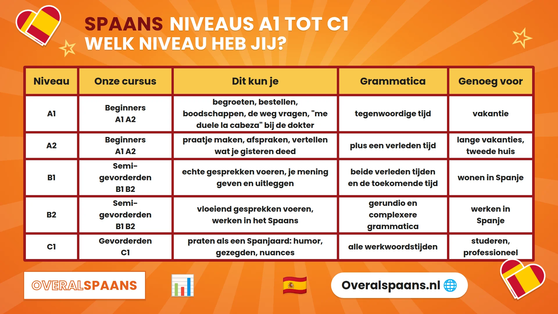 Infographic Spaanse niveaus A1 tot C1: welke cursus, wat je kunt, welke grammatica je leert en voor welk doel het genoeg is