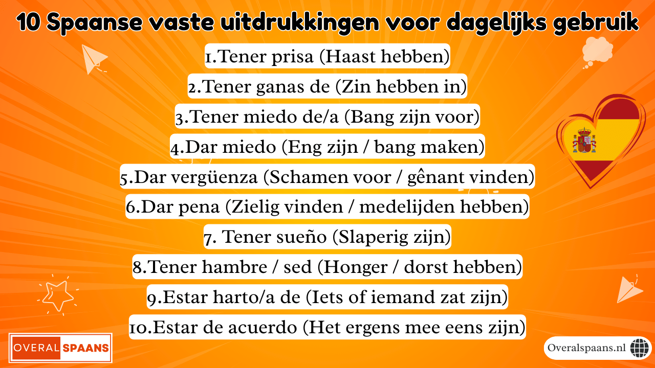 Infographic met 10 vaste Spaanse uitdrukkingen voor dagelijks gebruik zoals tener prisa, dar miedo en estar de acuerdo