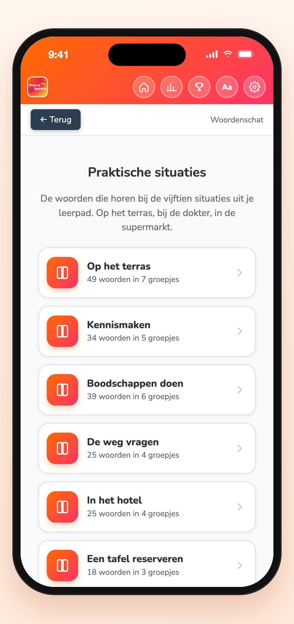 Woordenschat per praktische situatie in de Spaans leren app