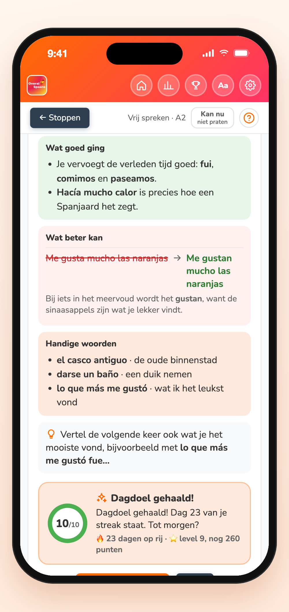Verslag na vrij spreken in de app: wat goed ging, wat beter kan en handige woorden
