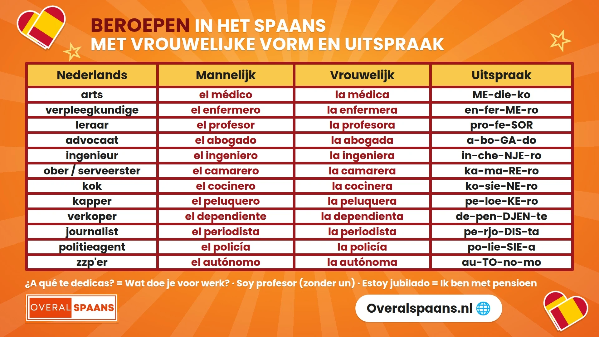 Infographic beroepen in het Spaans: de meest voorkomende beroepen met mannelijke en vrouwelijke vorm en uitspraak