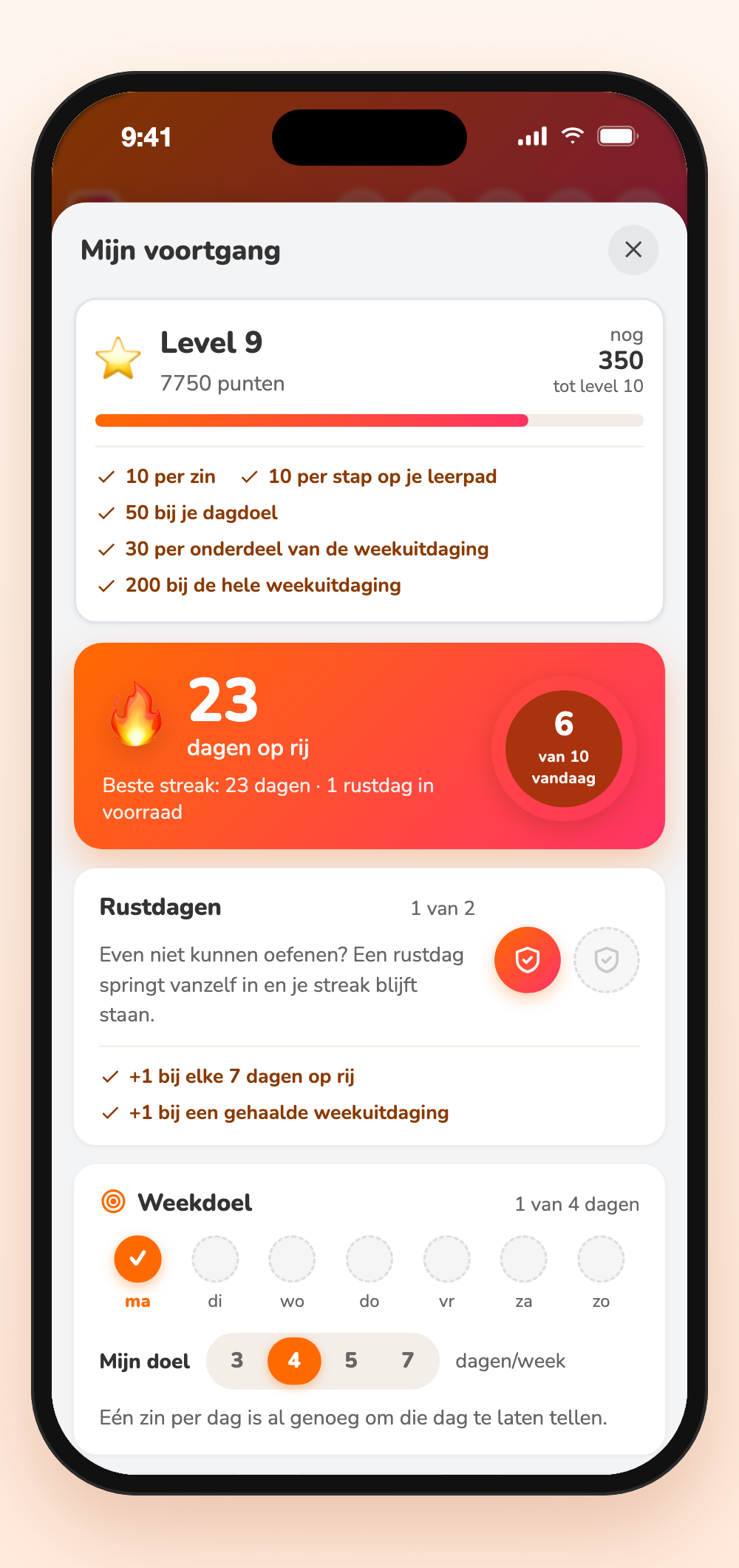 Voortgang in de app: level 9, 23 dagen op rij, rustdag en weekdoel
