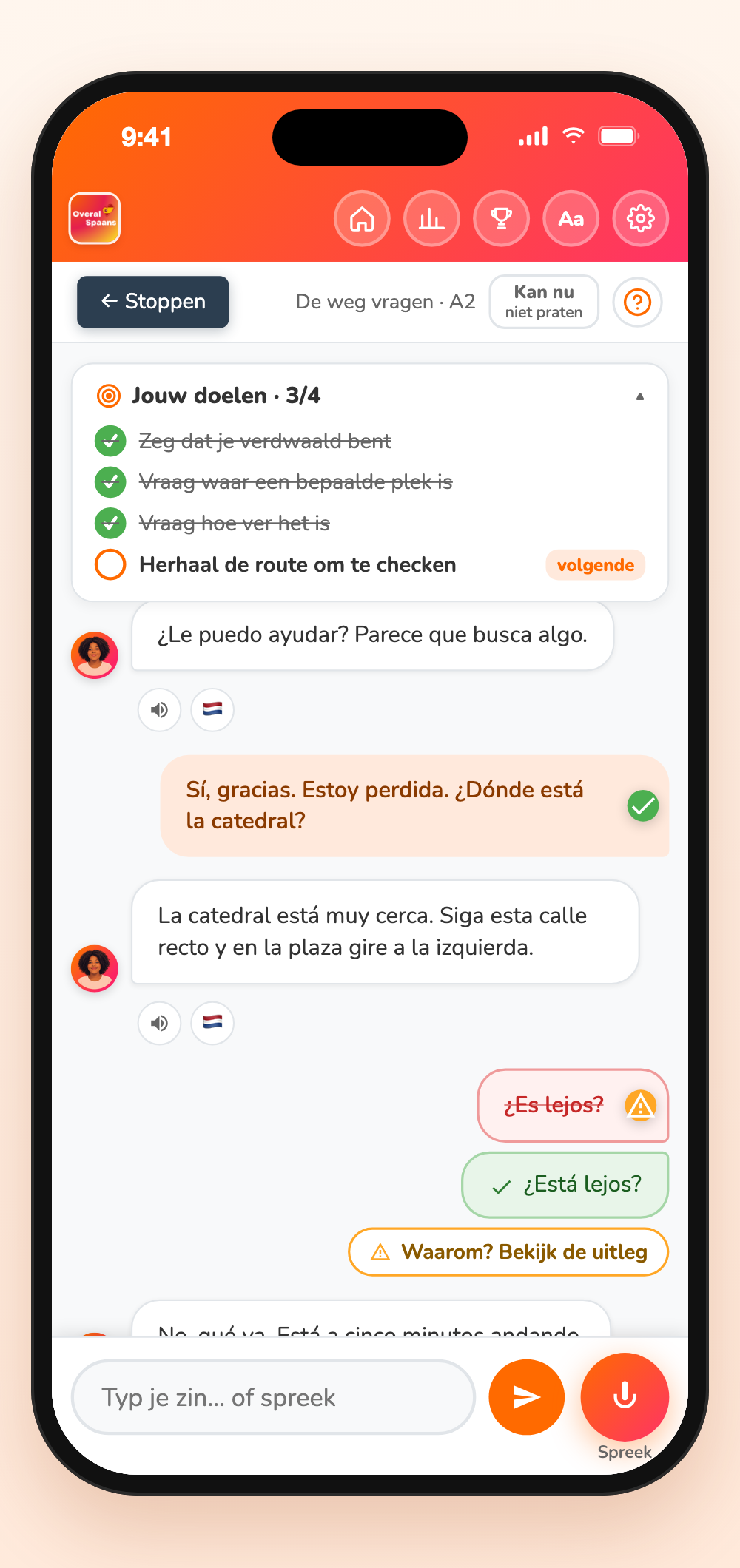 Rollenspel De weg vragen in de app: doelen afgevinkt en de verbetering van ¿Es lejos? naar ¿Está lejos?