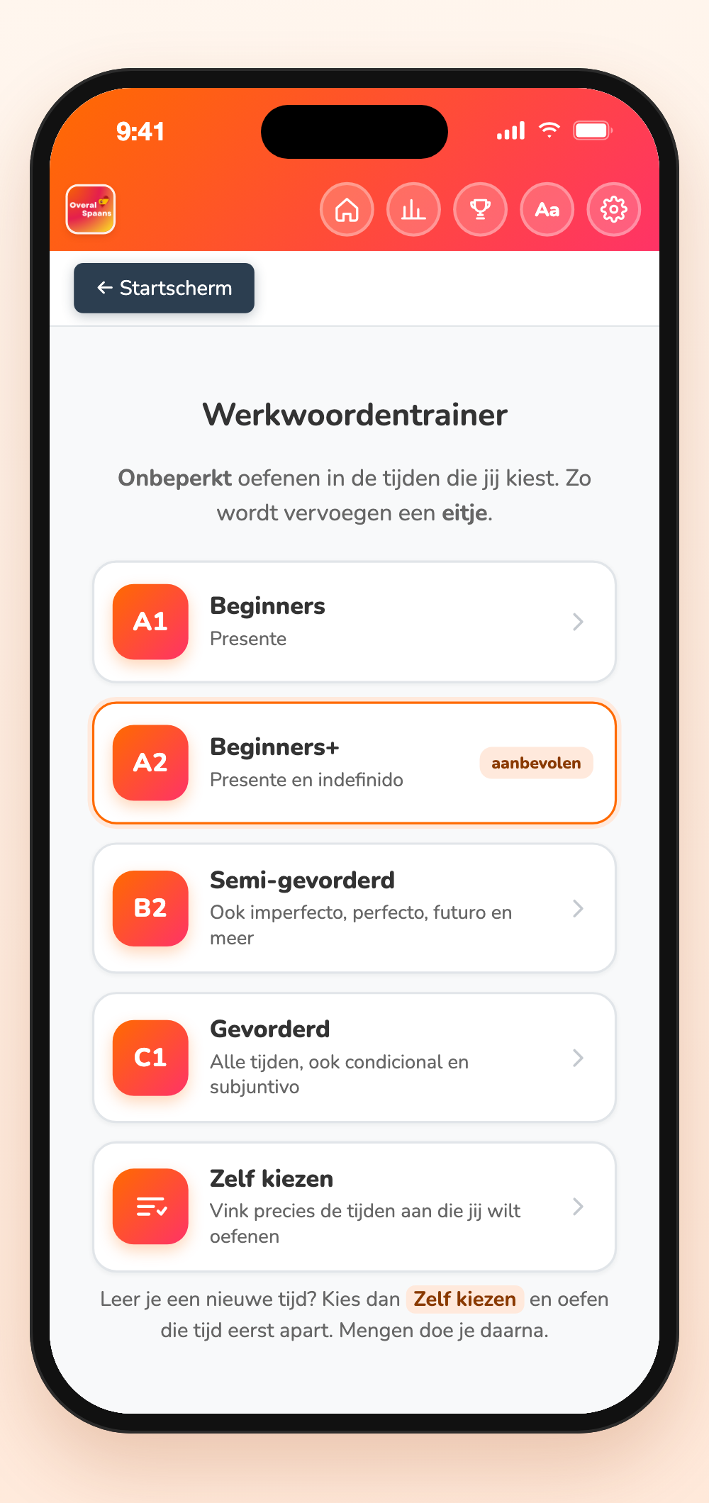 Werkwoordentrainer in de app: Spaanse werkwoorden vervoegen per niveau of zelf de tijden kiezen