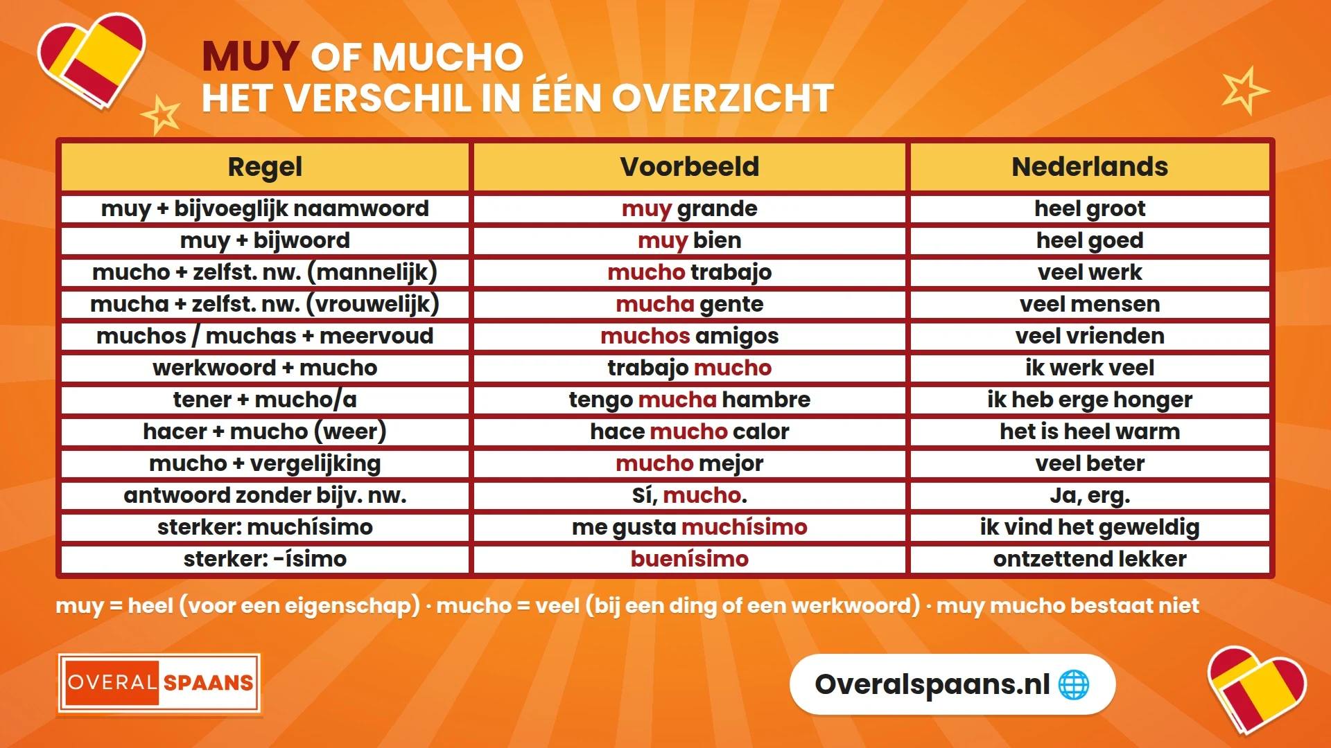 Infographic muy of mucho in het Spaans: de regel met voorbeelden voor muy, mucho, mucha, muchos en muchísimo