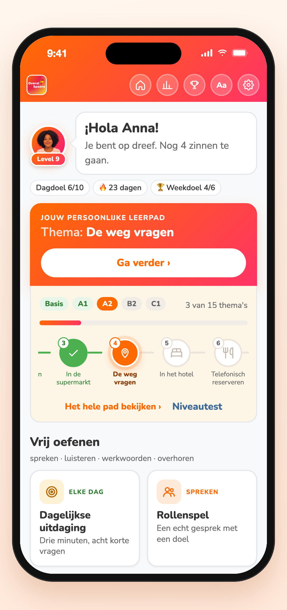 Startscherm van de Zelfverzekerd Spaans Spreken-app met het persoonlijke leerpad, dagdoel en streak