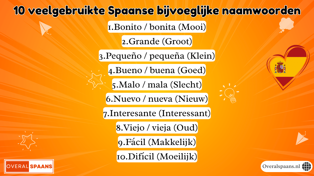 10 veelgebruikte Spaanse bijvoeglijke naamwoorden – Overal Spaans Infographic met 10 veelgebruikte Spaanse bijvoeglijke naamwoorden in het Spaans – overzicht van bonito, grande, pequeño, bueno, malo, nuevo, viejo, interesante, fácil en difícil – Overal Spaans