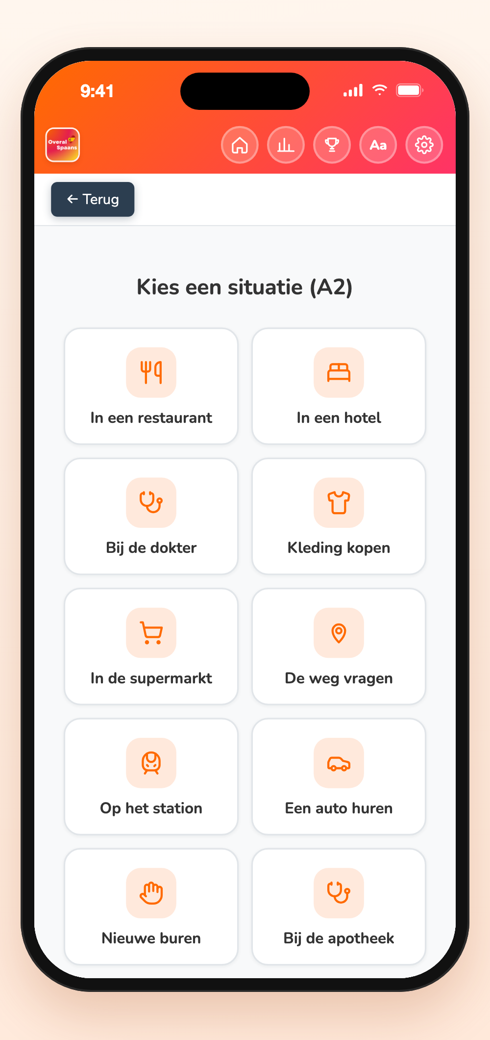 Overzicht van de 16 rollenspelsituaties in de Spaans leren app van Overal Spaans