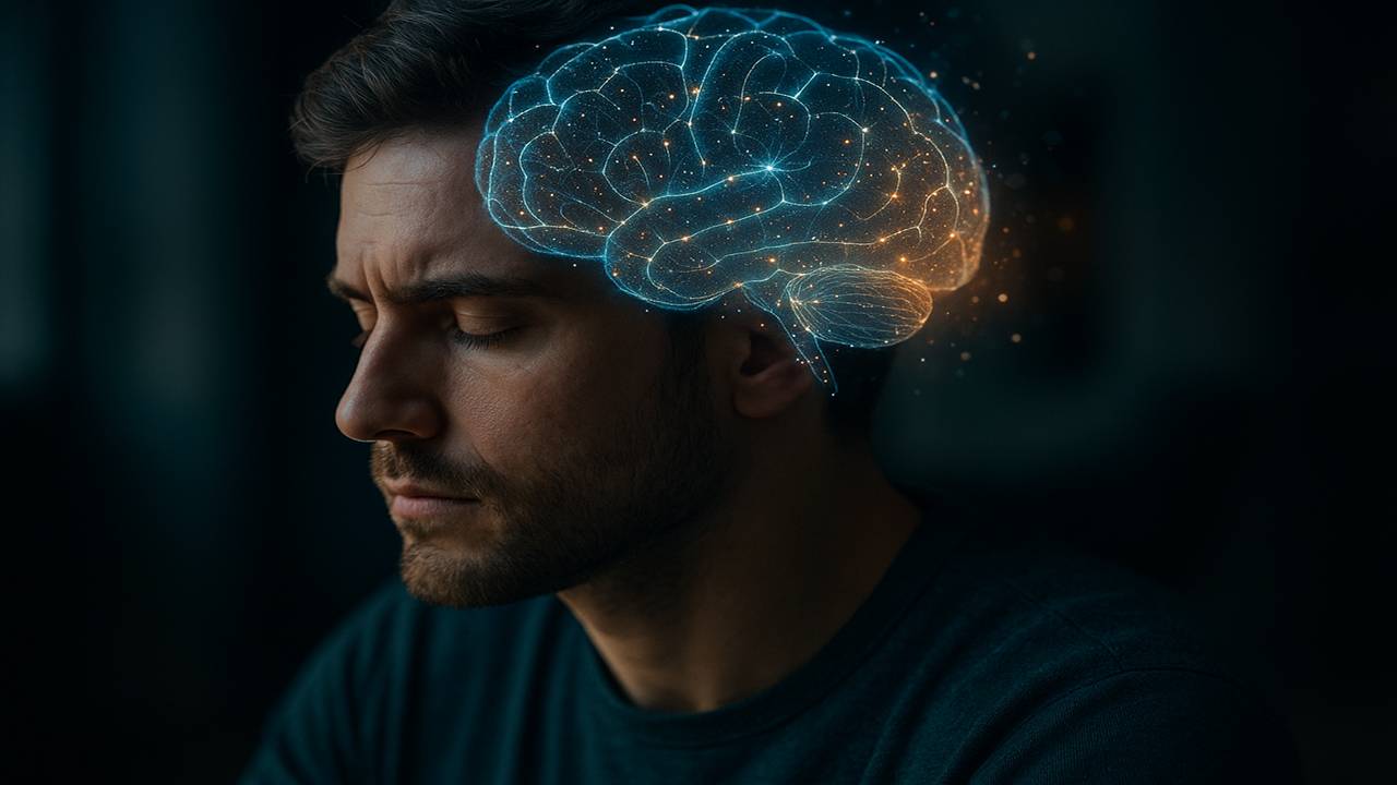 Hypnose forbedrer læring og fokus – person i dyp konsentrasjon med visualisert hjerneaktivitet som symboliserer effektiv koding og gjenhenting av informasjon.