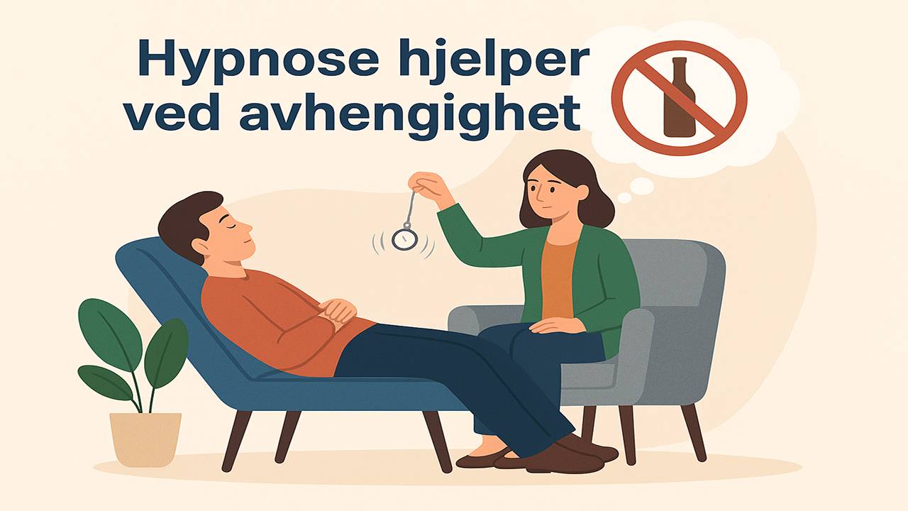 En mann i hypnotisk terapi sitter rolig med lukkede øyne mens terapeuten hjelper ham å bryte vaner og avhengighet. Illustrasjon som viser hvordan hypnose påvirker hjernen og reduserer cravings og stress.