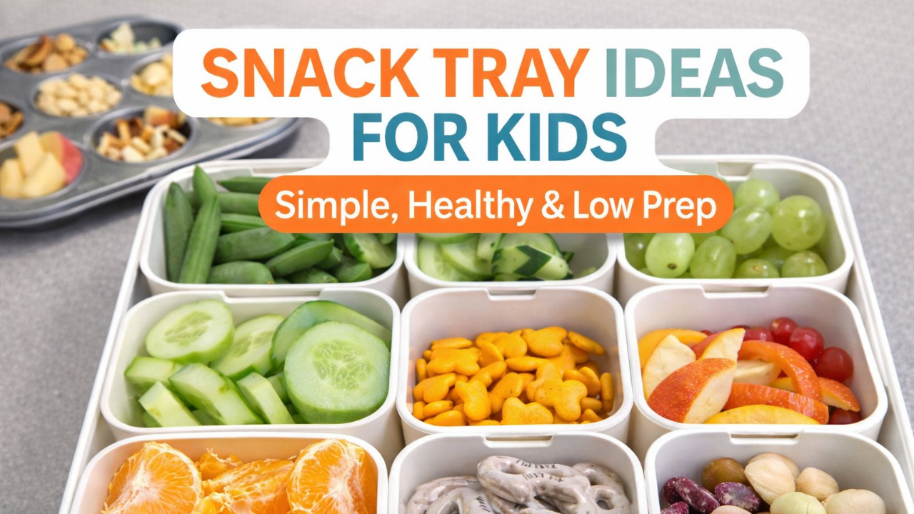 balanced snack tray for kids with fruit, veggies, crackers and treats.muffin tin snack tray for toddlers with a variety of foods.un snack tray for kids with a mix of colorful foods