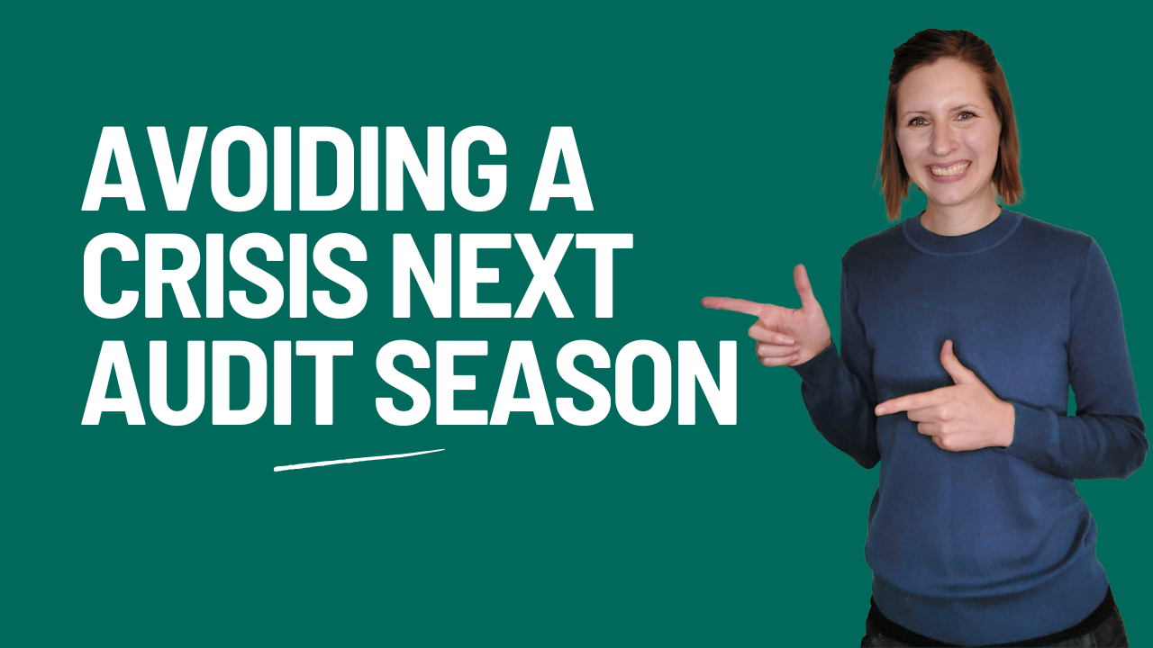 Woman Smiling and Pointing to the words "Avoiding a Crisis Next Audit Season"