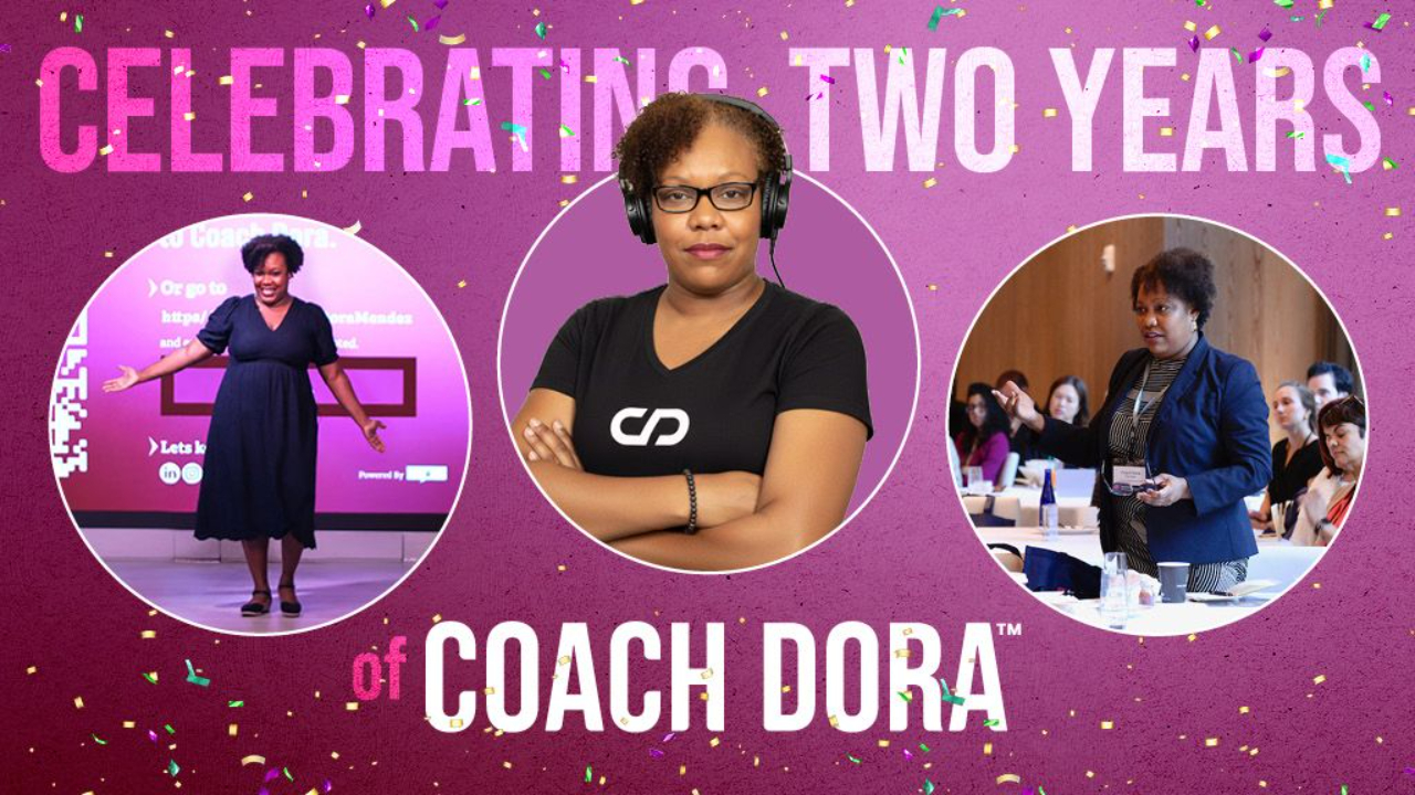 Coach Dora Mendez celebrating two-year anniversary of Coach Dora LLC with images of her speaking at events and leading leadership workshops