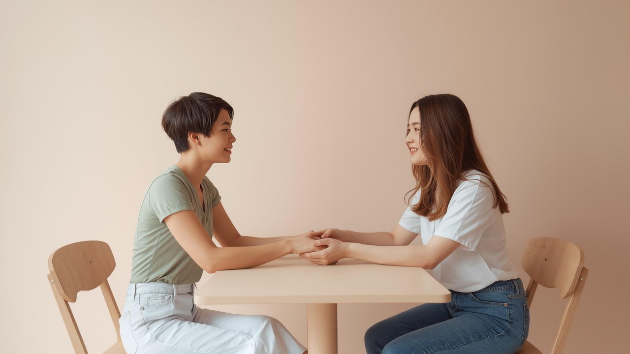 Couple talking openly and calmly at home, learning to communicate personal boundaries in a healthy relationship