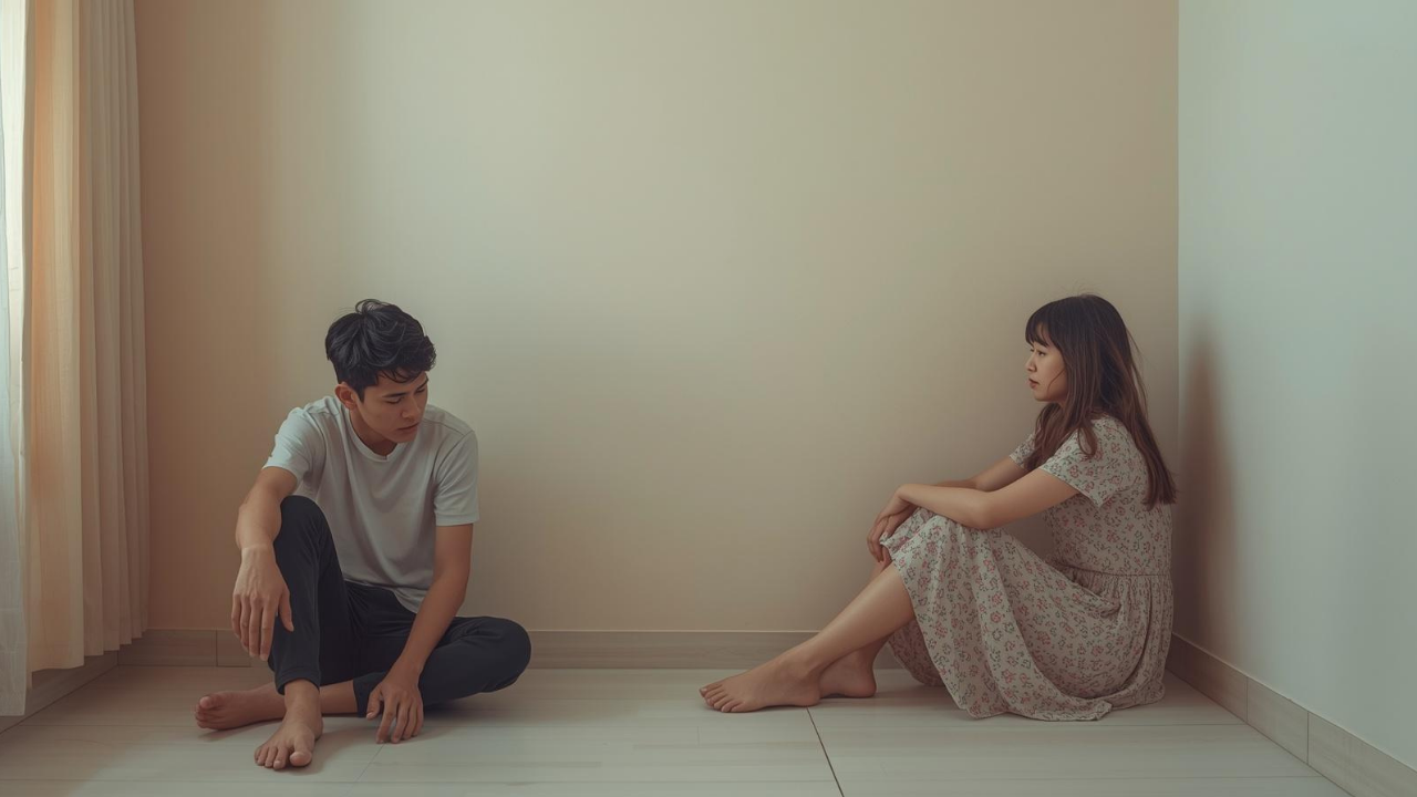 Couple sitting apart in silence at home, experiencing a cold war after a relationship argument