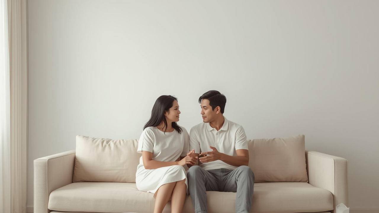 Two partners in a calm conversation, illustrating conscious communication and healthy boundaries in a relationship