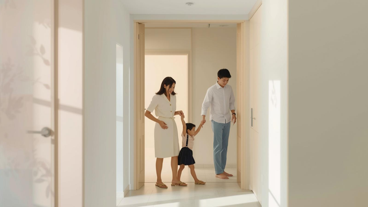 Couple managing a busy morning routine at home together, balancing family, work and personal needs