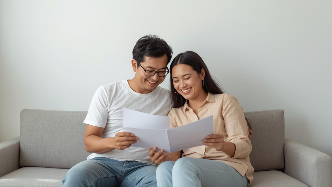 Happy couple setting goals together at home, symbolising a supportive and thriving relationship