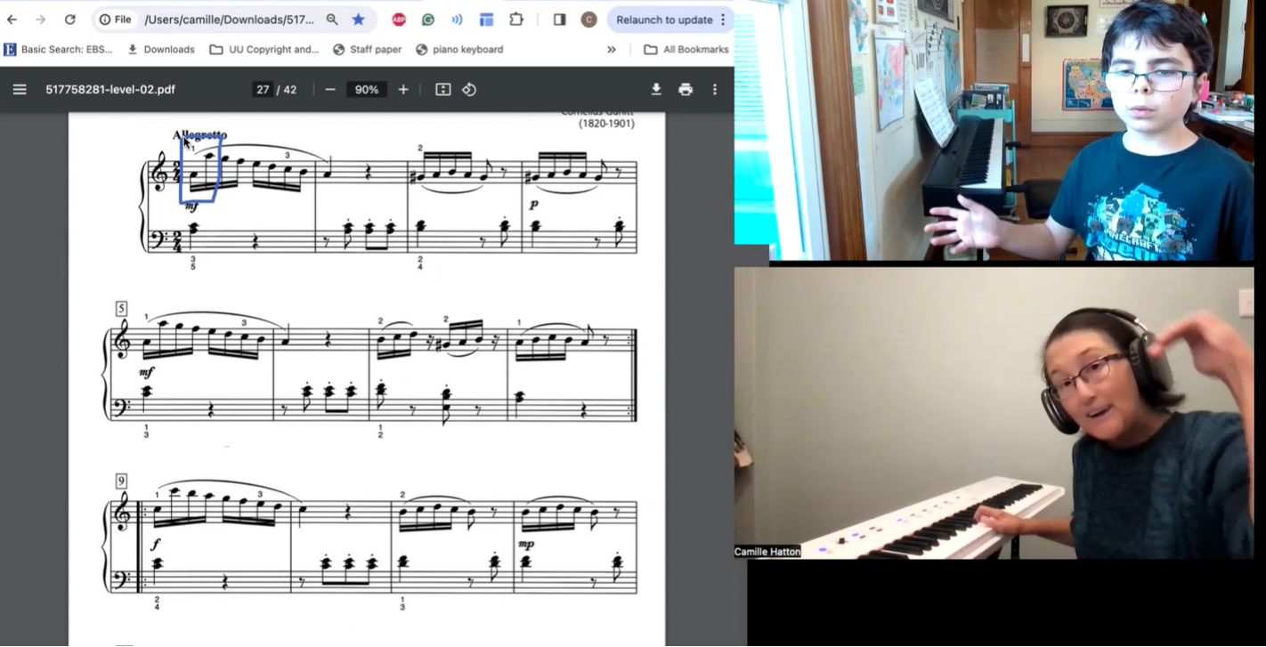 Action shot of an online piano lesson with sheet music, a student, and online piano teacher on split screen