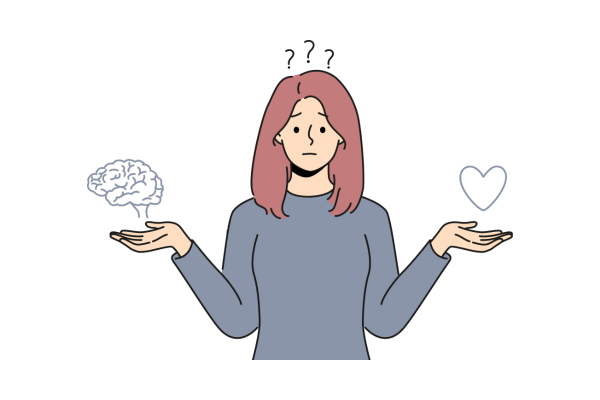 脳とハートを手に持った女性のイラスト