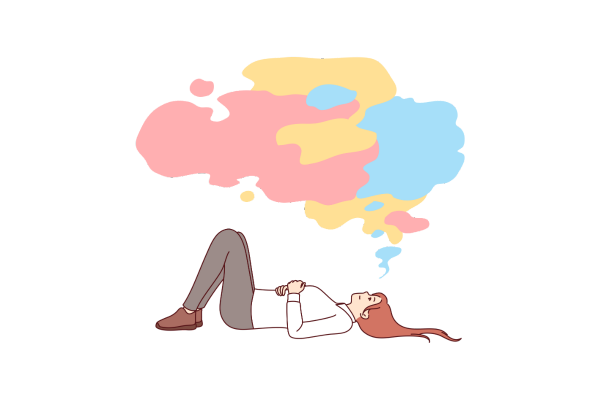 横たわって考える女性のイラスト