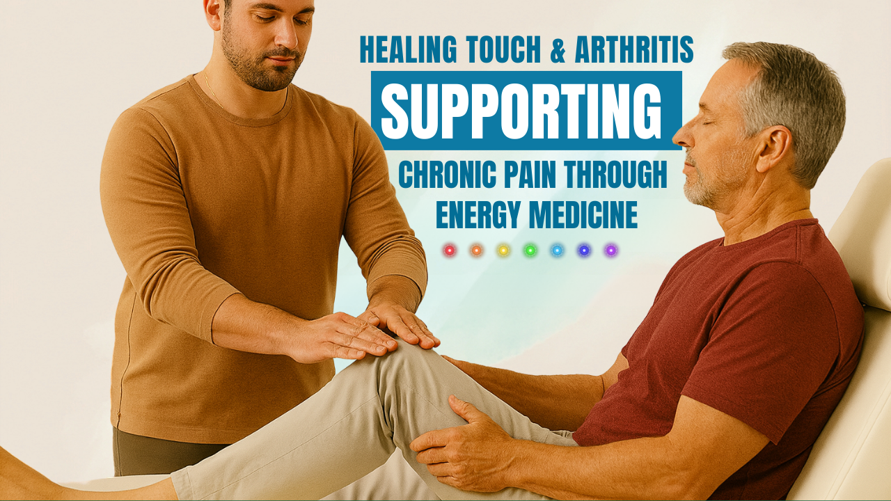 Healing Touch practitioner providing energy therapy to support arthritis-related knee pain in an older adult.