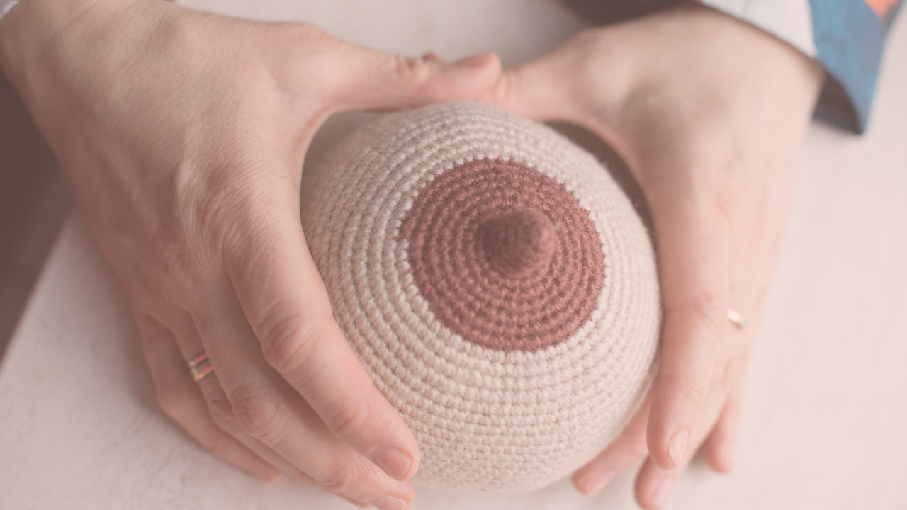 a woman holding a knitted breast